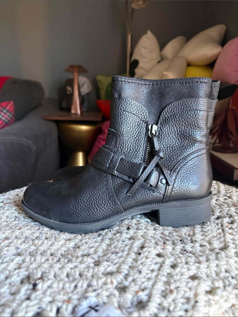 Clark’s Women's Black Pebbled Leather Ankle Boots with Strap Detail